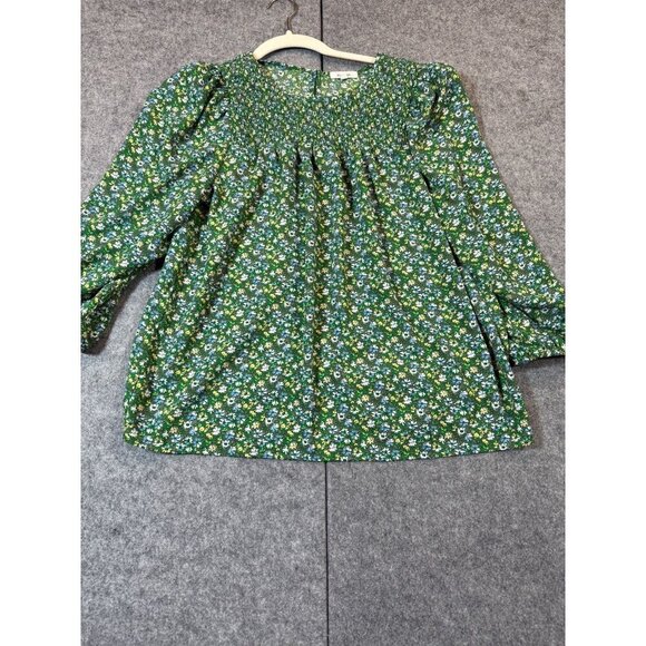 Pleione Tops - Pleione Blouse Top Women's L Green Floral Smocked Front Puff Sleeve Keyhole Back